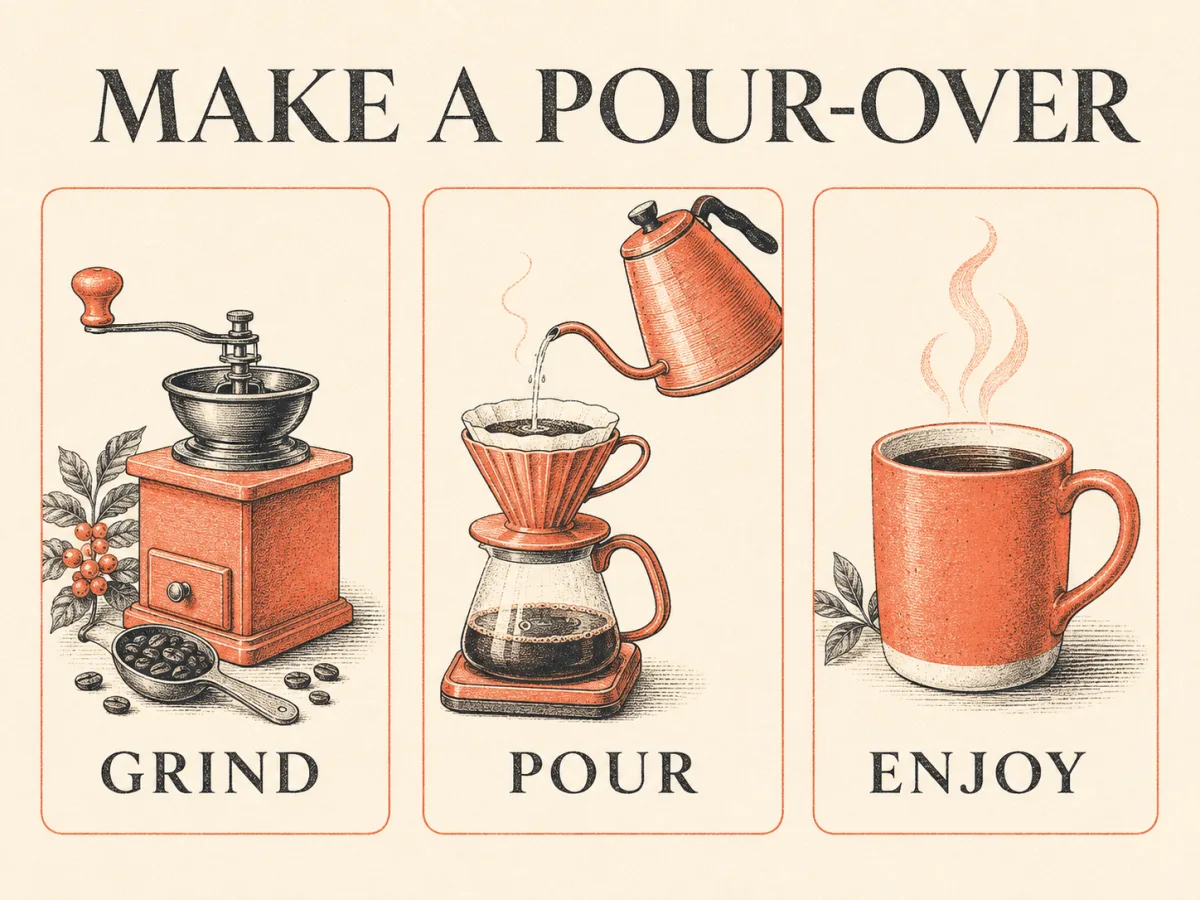 Three-panel coffee illustration labeled GRIND, POUR, and ENJOY