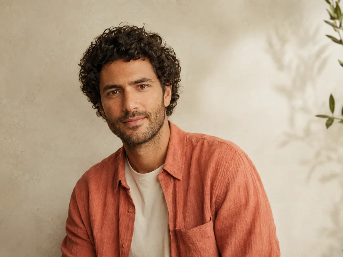 Portrait of a curly-haired man in a coral linen shirt against a warm studio wall