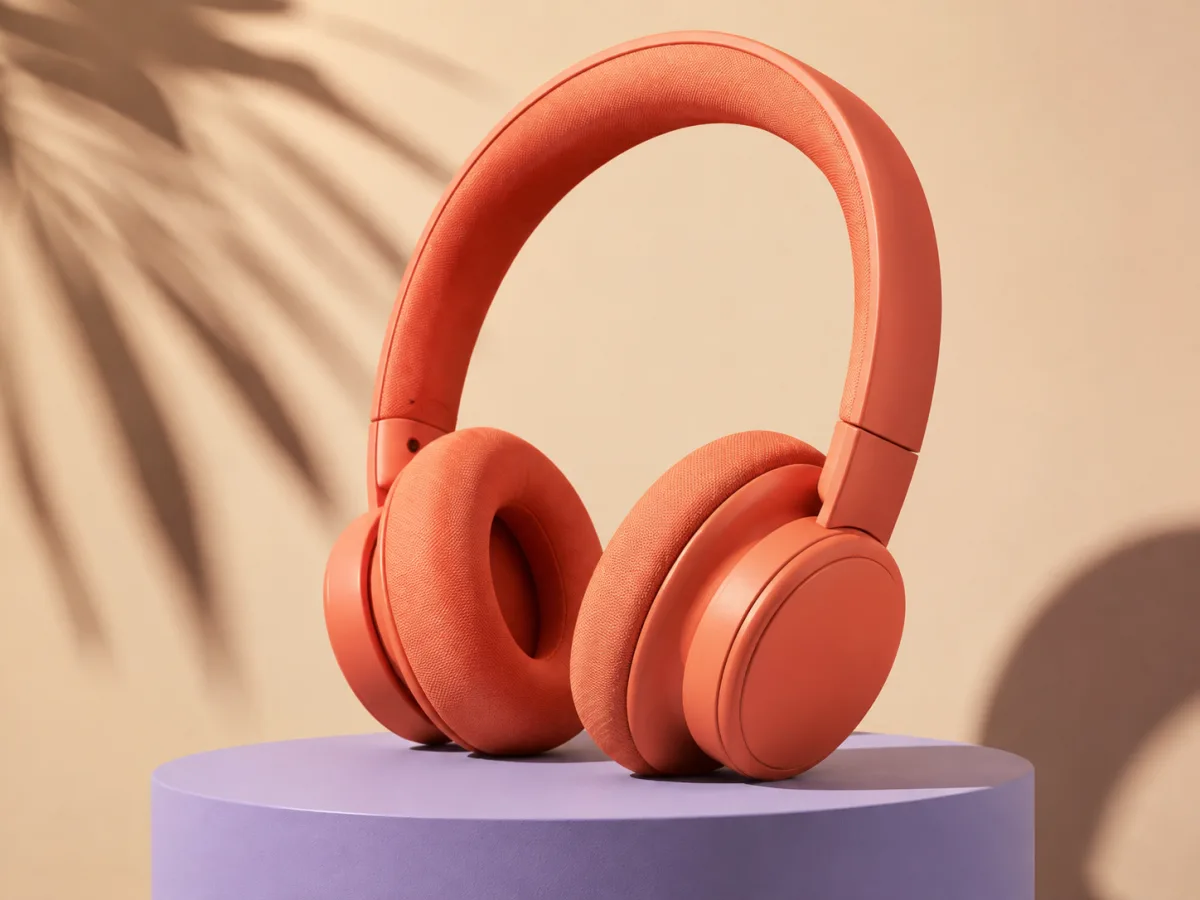 Coral over-ear headphones on a lavender pedestal with soft studio lighting