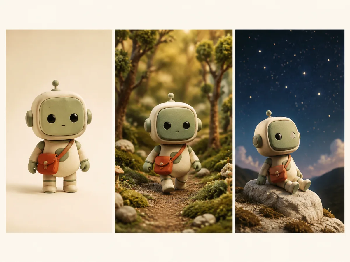 Small green robot shown in a studio, forest and nighttime scene
