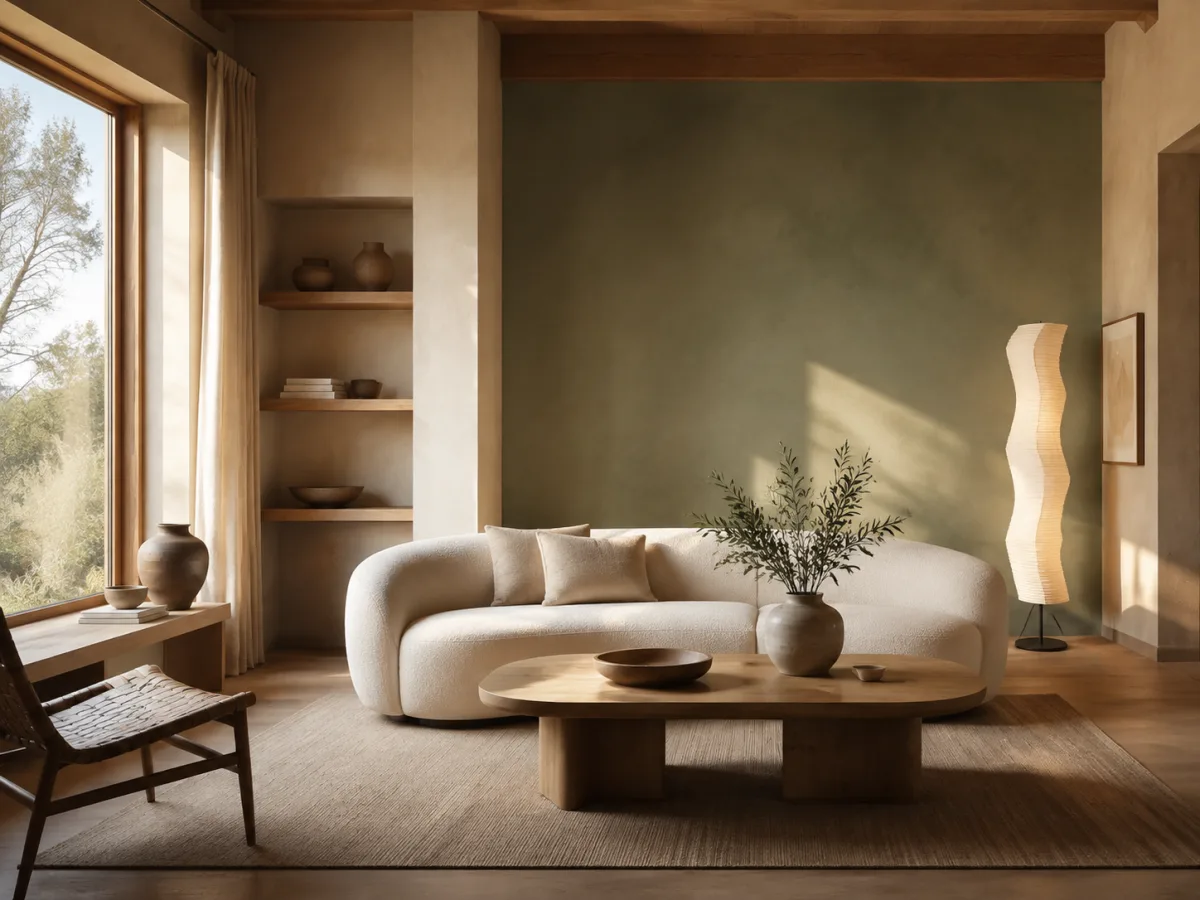 Warm living room with a curved cream sofa, oak table and sage green wall