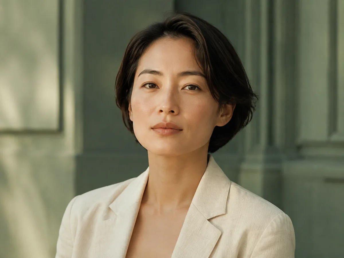 Portrait in an ivory jacket with soft light and a sage green background