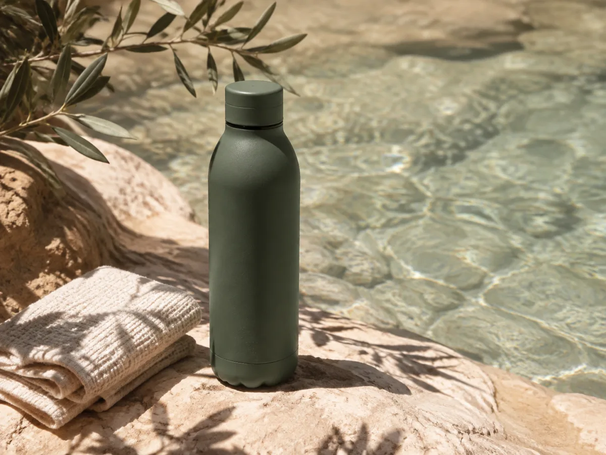 Sage green bottle on sunlit stone beside water, a product advertising concept