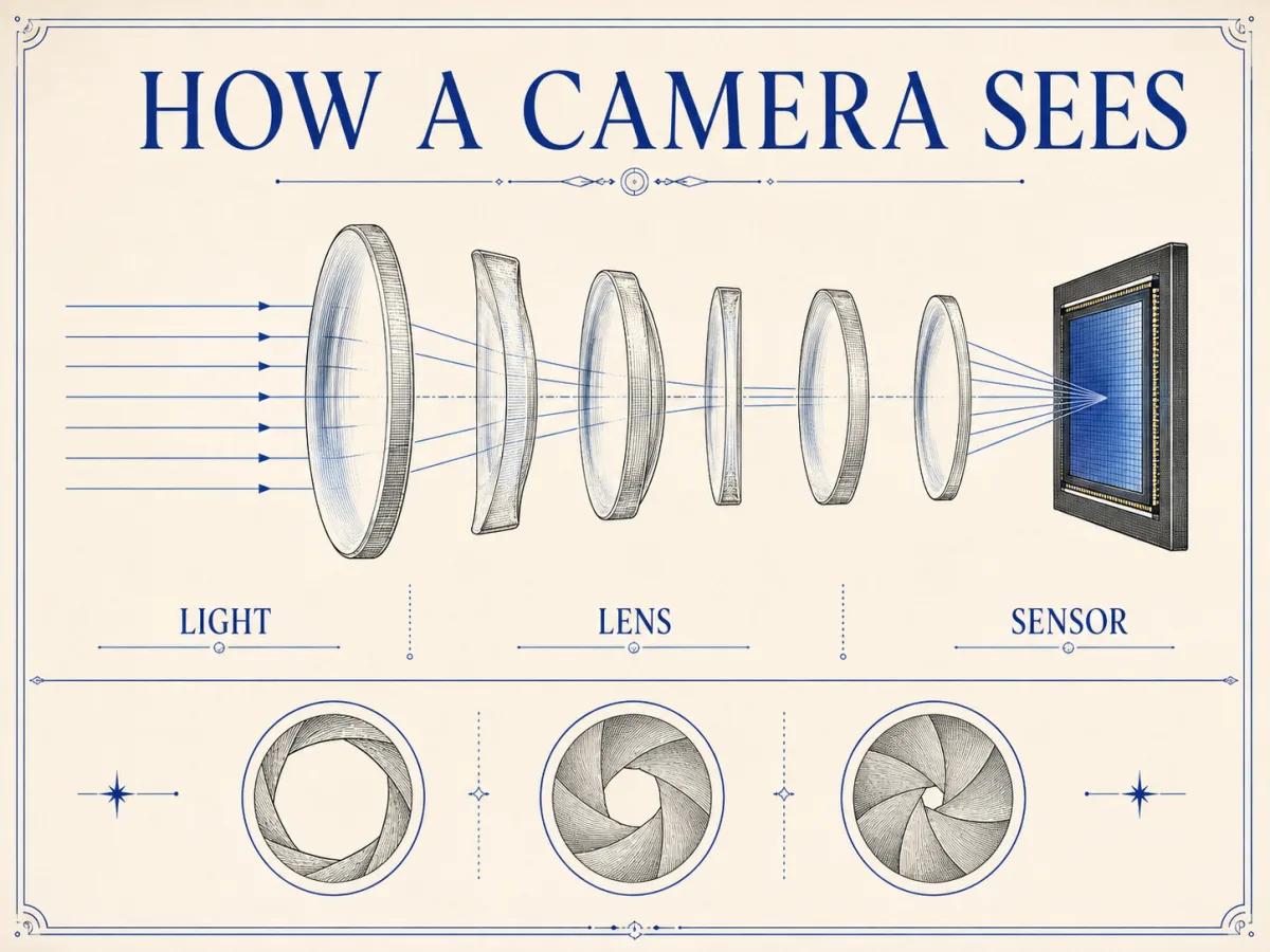Ivory and cobalt camera diagram with LIGHT, LENS, and SENSOR labels