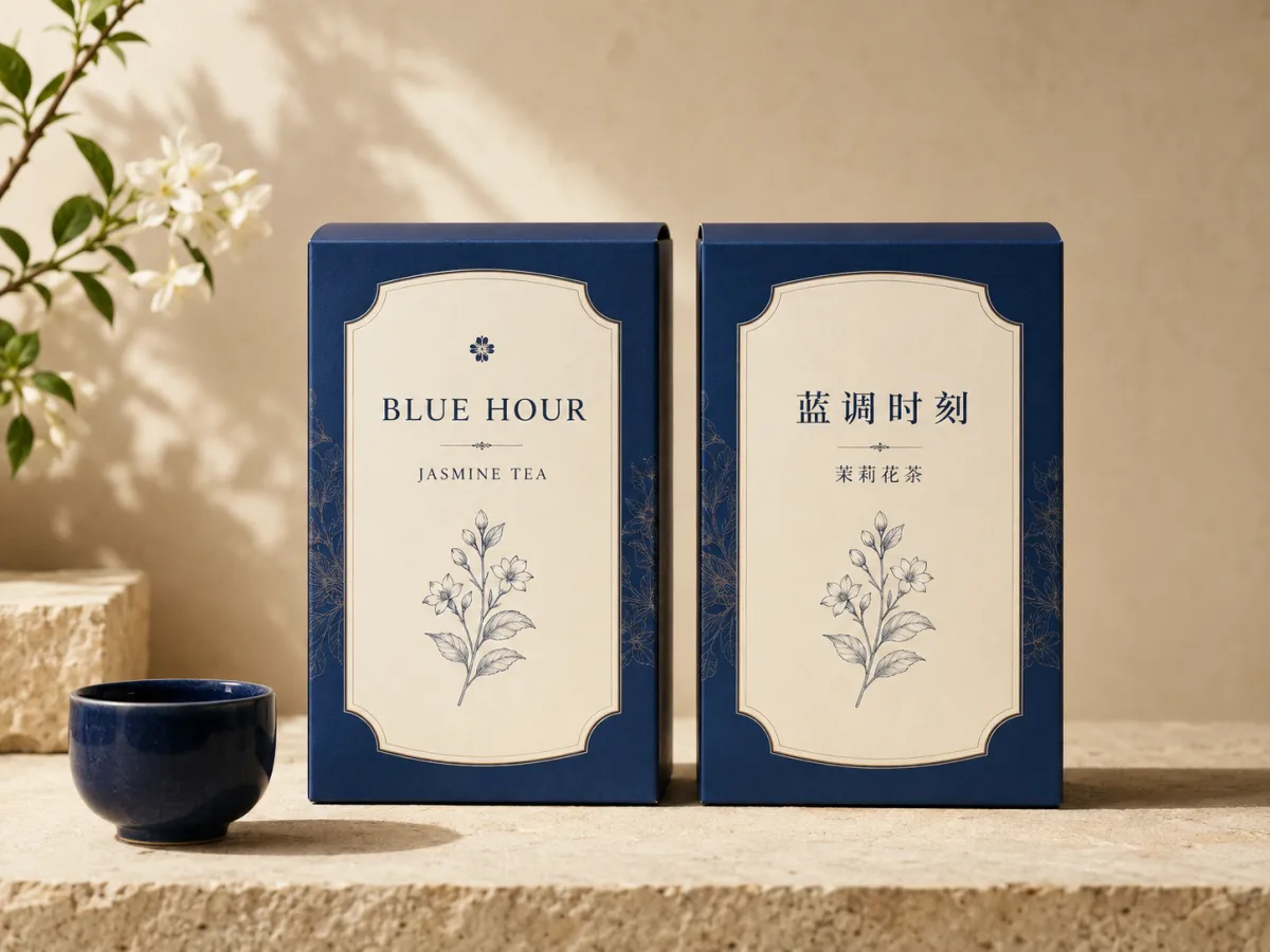 Matching blue and ivory jasmine tea packaging with English and Chinese labels